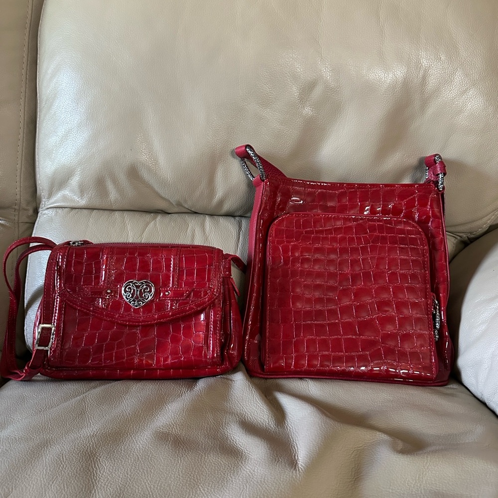 2 Vtg Brighton Red Patent Croc-Embossed Crossbody Bag - Women's Shoulder Bag